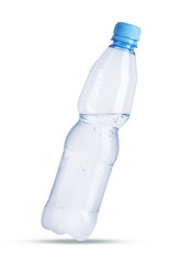 A plastic bottle full of half with mineral water