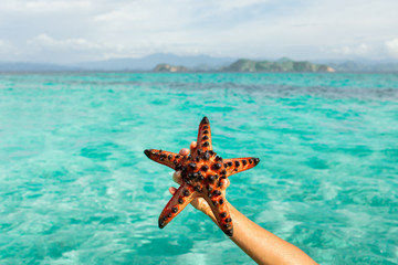 Woman hand holding red starfish. Travel and vacation concept. Background of tropical islands and...