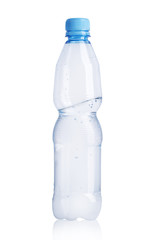 A plastic bottle full of half with mineral water