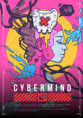 cyber girl face, concept illustration. Futuristic cartoon illustration in trendy style.