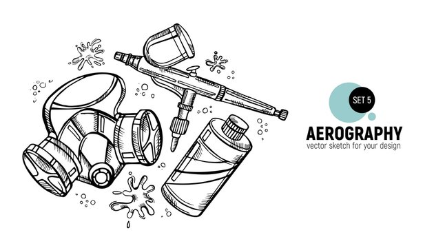 Hand drawn vector illustration of aerography tools. Protective mask, respirator, airbrush and paint. Set 5