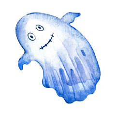 Flying Ghost spirit painted with watercolor. A sweet, funny Ghost. Happy Halloween. Scary white ghosts. Cute cartoon creepy character. Smiling face, hands. 