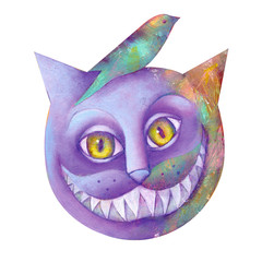 Cute Cheshire cat. Fairy-tale character drawn by hands. The cat smiles broadly. Children's illustration.