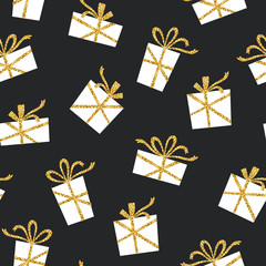 Creative seamless pattern with black gift and gold glitter ribbon. Stylish greeting background with holiday gifts. Vector illustration