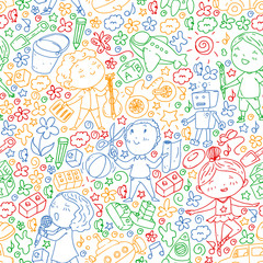 Seamless ainted by hand style pattern on the theme of childhood. Vector illustration for children design. Drawing on exercise notebook in colorful style.