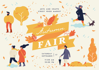 Vector autumn fair poster, flyer or banner or banner template with people enjoying their time outdoors in park. Fall holiday season recreation and public event.