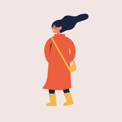 Vector illustration of happy woman in autumn season clothes. Young girl walking.