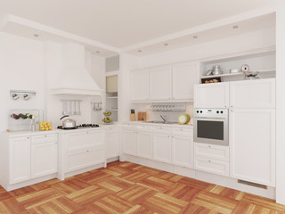 3d rendering of classic white kitchen interior design