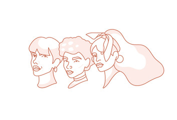 Vector illustration linear face portraits of young woman - girl power and feminist movement. Concept for prints, t-shirts.