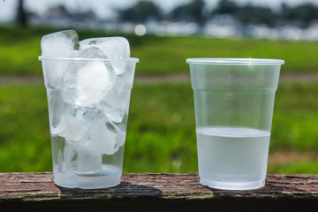 Cup full of ice with a second image of cup half full of water to show the ice melted