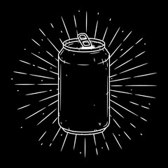Aluminum can. Hand drawn vector illustration with Aluminum can and divergent rays. Used for poster, banner, web, t-shirt print, bag print, badges, flyer, logo design and more.
