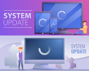 System update banner set. Cartoon illustration of system update vector banner set for web design
