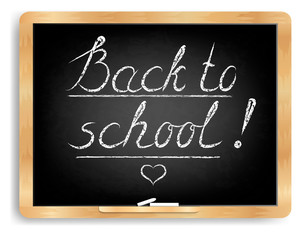 halk school - The blackboard is horizontal, black, chalky with the words Back to school Written in chalk. To advertise school goods, to the Day of Knowledge. Realistic style. Isolated on white