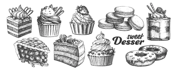 Foto op Plexiglas Assortment Baked Sweet Dessert Set Vintage Vector. Chocolate And Fruit Cakes, Macaroons And Donuts, Berries Pie And Creamy Caseous Dessert Concept. Designed Template Black And White Illustrations © PikePicture
