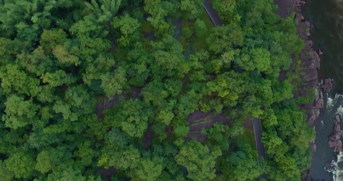 Aerial shot of road around beautiful trees beside Athirapally Waterfall, Kerala, India