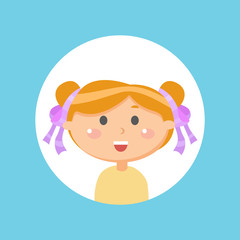 Head of smiling girl, laughing kid with ribbons on hair, smiling female character isolated on blue, child portrait view in flat design style vector