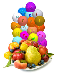 image of fruit and stylized vitamins on a plate