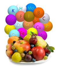 isolated image of stylized vitamins and fruits