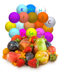 isolated image of stylized vitamins and fruits