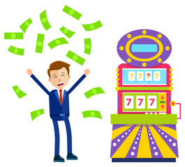 Person in casino vector, slot machine with numbers and floral symbol flat style. Lucky seven, businessman with fortune wheel, banknotes winning dollars. Money pours on a man. Win jeckpot