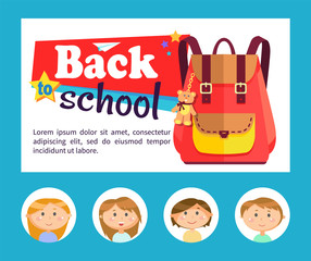 Backpack with bear trinket and school children avatars, back to school vector. Rucksack and toy, girls and boys, pupils or students accessory, paper plane