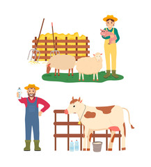 Tending animals at farm vector, man showing milk cow standing at stables, isolated woman holding small pig, sheep on pasture eating fresh grass set