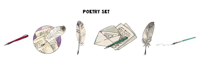 Watercolor vintage poetry set of illustrations. Letters, feather, pen tools, pens. Hand drawn illustrations. - obrazy, fototapety, plakaty