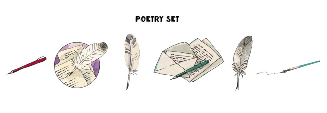 Watercolor vintage poetry set of illustrations. Letters, feather, pen tools, pens. Hand drawn illustrations.