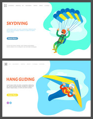 Skydiving and hang gliding vector, people with active lifestyle, skydiver and paraglider. Sky and clouds, flights of people, extreme hobby of men. Website or webpage template, landing page flat style