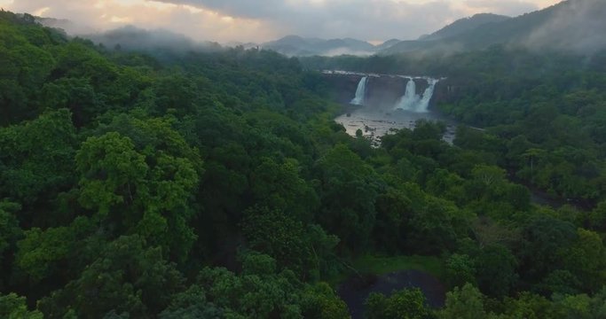 Majestic Aerial View of Tropical Waterfall in Western Ghats- Athirapally Falls, Kerala, India