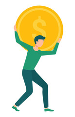 Man carrying golden coin with dollar sign on back, attraction and accumulation of capital concept. Vector isolated guy with gold money, cash and investment