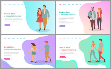 Smiling man and woman going together, full length view of couple characters in casual clothes, happy lovers, friends relationship, meeting vector. Website or webpage template, landing page flat style