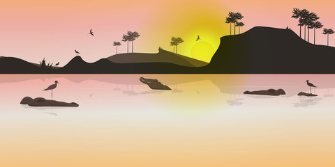 Wild landscape at sunset with crocodiles and birds. Flat design. Vector Illustration.