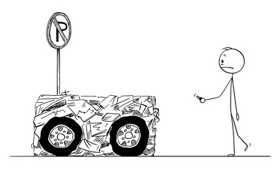 Vector cartoon stick figure drawing conceptual illustration of shocked man who found his car scrapped when parking in no parking area.
