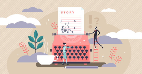 Story vector illustration. Flat tiny literature text author persons concept