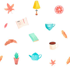 Watercolor hand-drawn seamless pattern on white background. Autumn hygge theme. Cozy home style. Perfect for print and fabric.