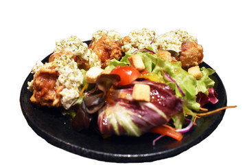 Fried chicken and mixed vegetables salad, Japanese food isolated white background