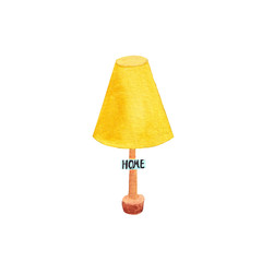 Cute watercolor hand painted isolated yellow lamp on white background. Cozy home style. 