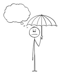 Vector cartoon stick figure drawing conceptual illustration of man or businessman holding umbrella. There is empty speech bubble for your text.