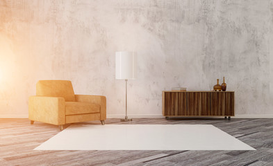 waiting room. walls with bare concrete. chest of natural wood and metal. white floor lamp. 3D rendering. Sunset