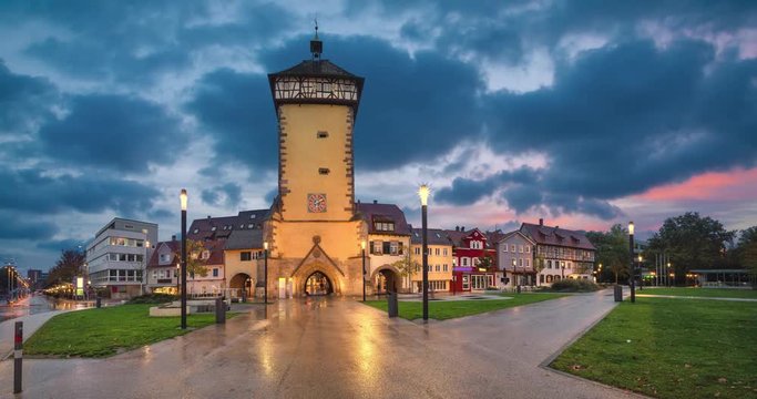 Reutlingen, Germany. Historic Tubinger Tor at dusk (static image with animated sky)