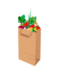 A paper bag filled with various vegetables. White isolated background. Vector illustration