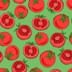 Red tomatoes seamless pattern on green background. Hand drawn vector illustration.