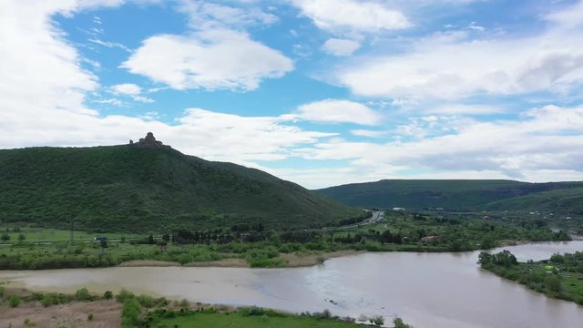 Georgia. The confluence of the Aragvi and Kura rivers. On the hill you can see the monastery Jvari Aerial view.