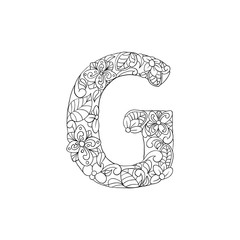 Coloring Book Floral Ornamental Alphabet, Initial Letter G Font. Vector Typography Symbol. Antistress Page for Adults and Monograms.Isolated Poster or Cover Design