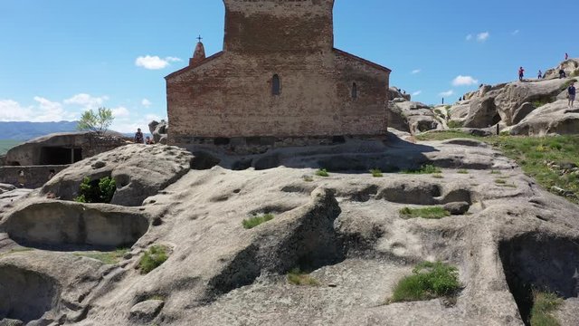 Uplistsikhe is an ancient rock-hewn town in eastern Georgia. Aerial view.
