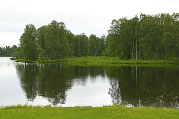 City landscape in white night in Kuusamo, Finland. Lake Kuusamoyarvi