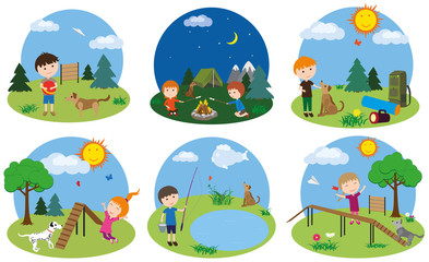 Children spend time with their pets. Playing on the dog playground, hiking, fishing.