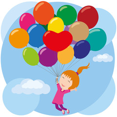 Fototapeta na wymiar Little girl is flying in balloons. Joyful flight in the sky. Children dreams.