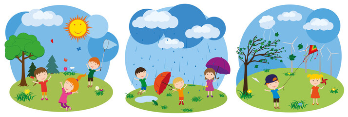 Children play outdoors. Weather. Sunny, rainy, windy. Little girls and boys have fun playing in the rain. Boy launches a kite. Girl is holding a pinwheel.